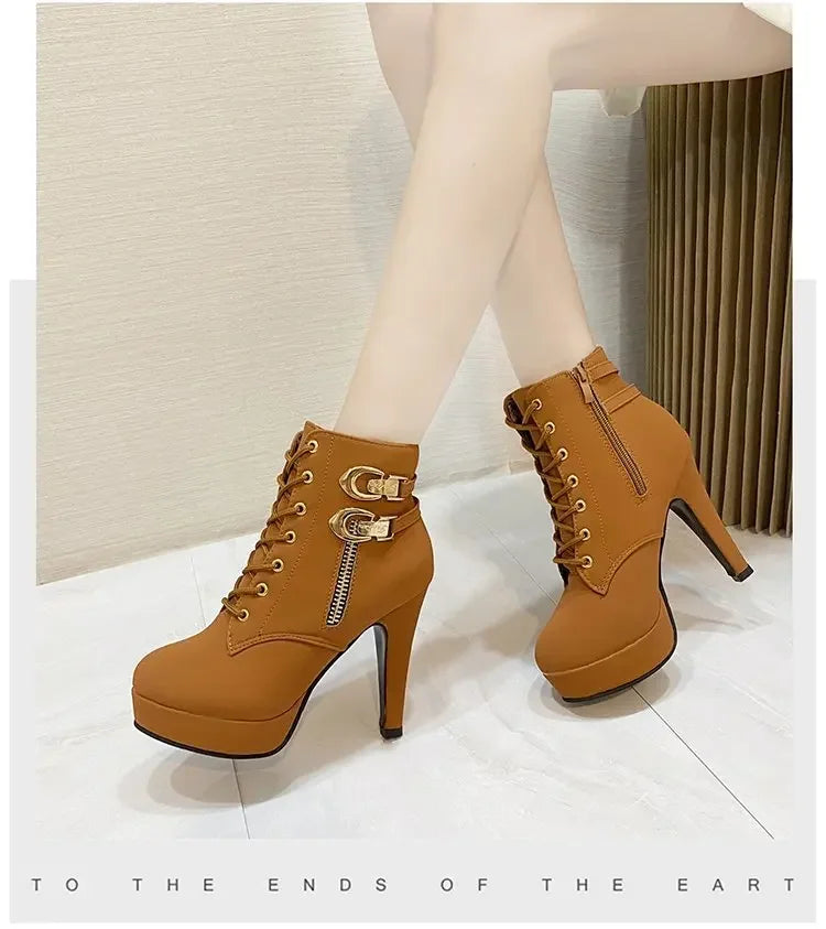 2025 New Women's High Heels, Stiletto Heels, Ankle Boots, Fashion Lace Up Side Zipper Boots, Women's Solid Color Short Boots