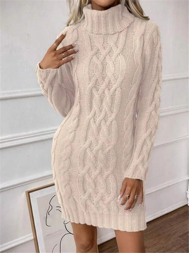 Women's Sweater Dress Autumn Winter New Slim Knit Dress Turtleneck Cable Pattern Long Sleeve Knitted Gown Dress