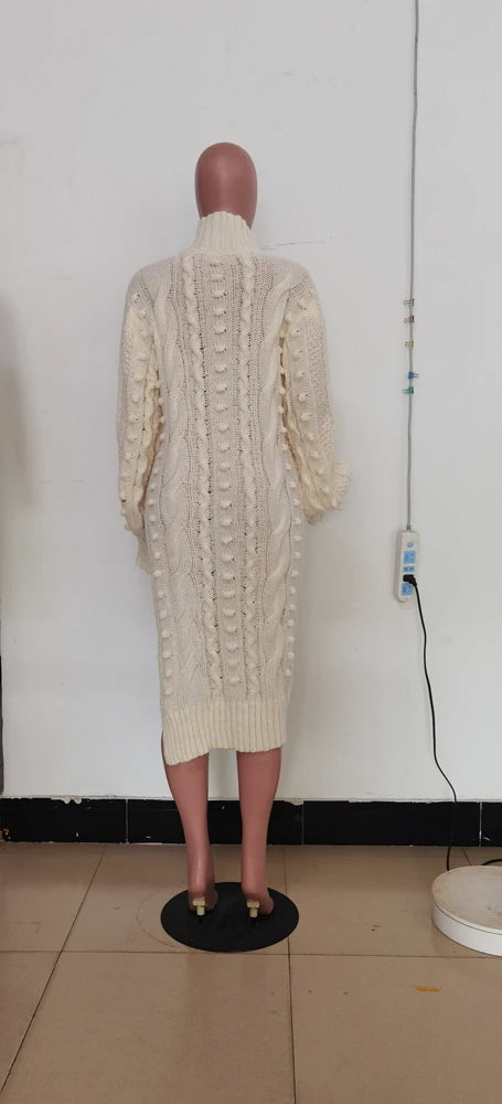 Womens Knitted Dresses High Neck Long Sleeve Sweater Dress with Split Ladies Vintage Knit Midi Dress Casual Fashion Winter