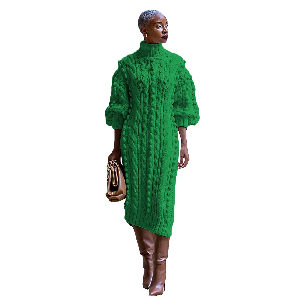 Womens Knitted Dresses High Neck Long Sleeve Sweater Dress with Split Ladies Vintage Knit Midi Dress Casual Fashion Winter