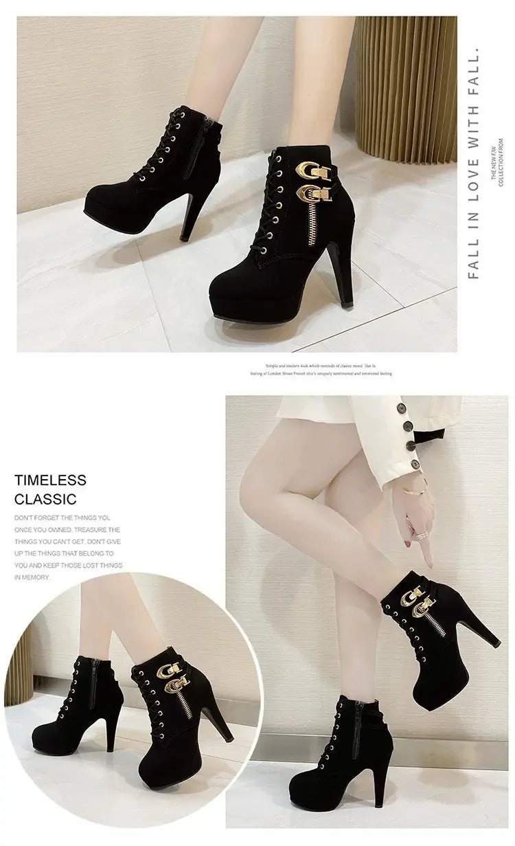 2025 New Women's High Heels, Stiletto Heels, Ankle Boots, Fashion Lace Up Side Zipper Boots, Women's Solid Color Short Boots