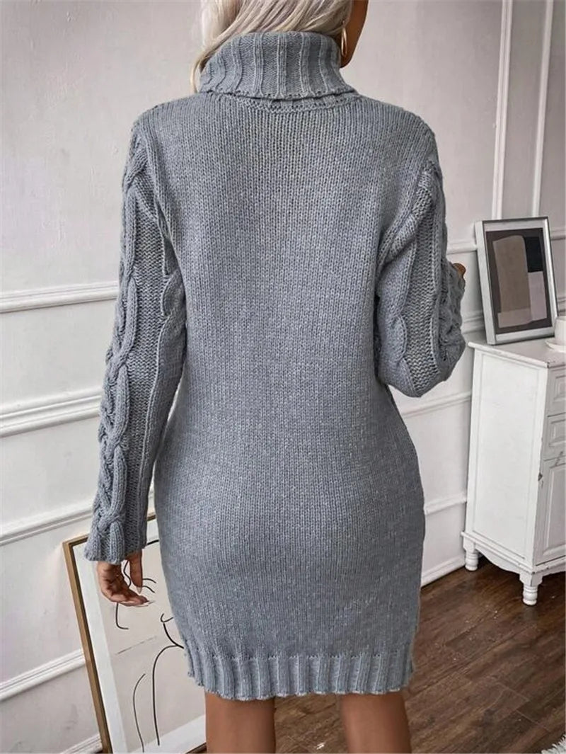 Women's Sweater Dress Autumn Winter New Slim Knit Dress Turtleneck Cable Pattern Long Sleeve Knitted Gown Dress