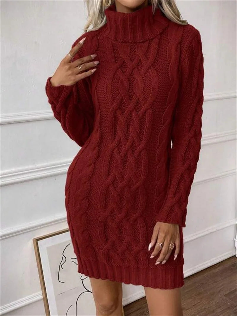 Women's Sweater Dress Autumn Winter New Slim Knit Dress Turtleneck Cable Pattern Long Sleeve Knitted Gown Dress