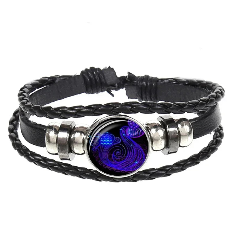 12 Constellation Zodiac Sign Black Braided Leather Bracelet Cancer Leo Virgo Libra Woven Glass Dome Jewelry Punk Men Bracelet