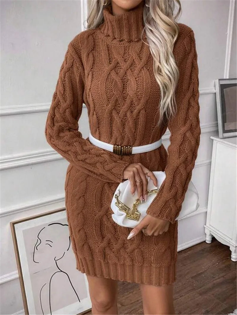 Women's Sweater Dress Autumn Winter New Slim Knit Dress Turtleneck Cable Pattern Long Sleeve Knitted Gown Dress