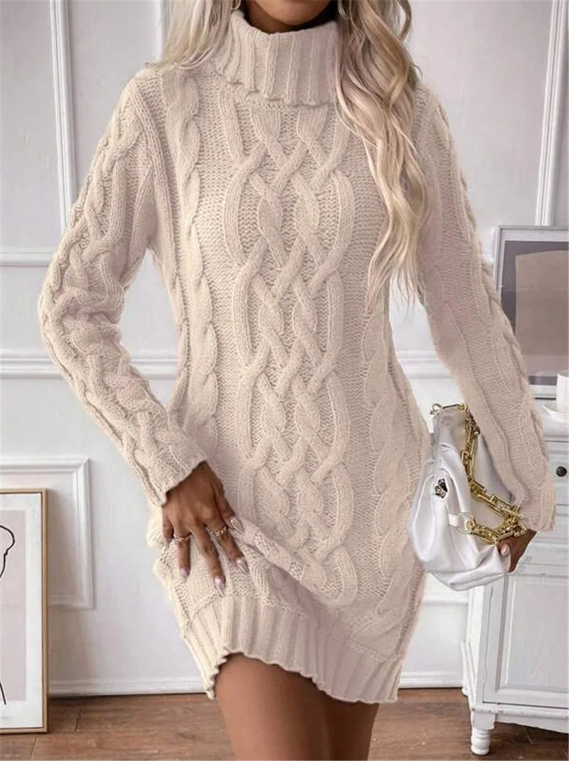 Women's Sweater Dress Autumn Winter New Slim Knit Dress Turtleneck Cable Pattern Long Sleeve Knitted Gown Dress