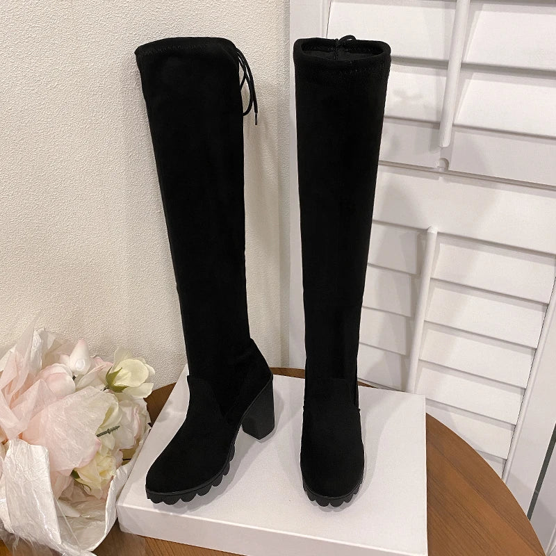 Women Boots Winter Black Over The Knee Boots 2025 New Comfort Lace Up Chunky High Heels Shoes Fashion Warm Round Toe Boots