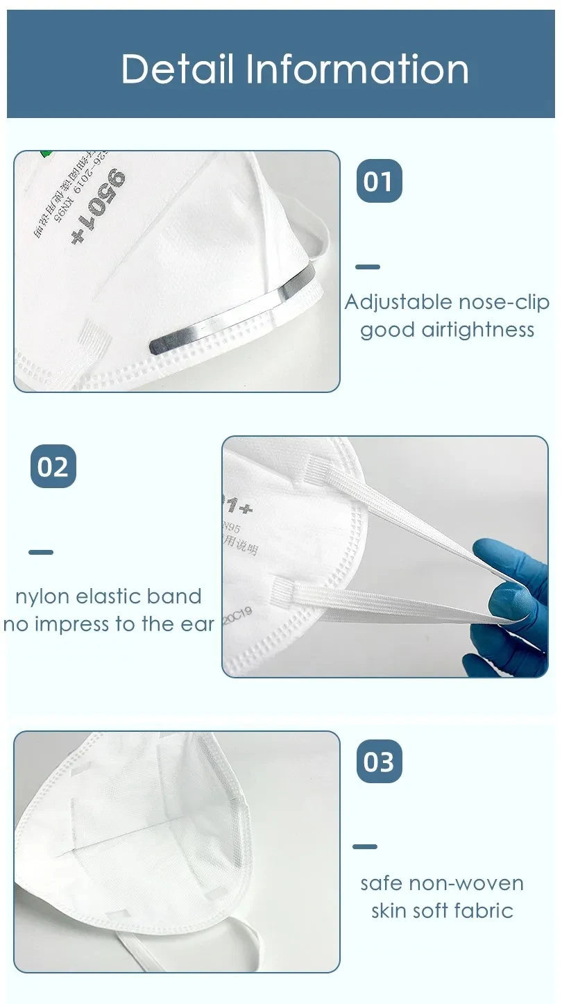 3M KN95 Face Mask 9501+/9502+ Original Adult Reusable Earloop Headband Approved Wide Soft Band Particles Filtering 95% 50Pcs/bag