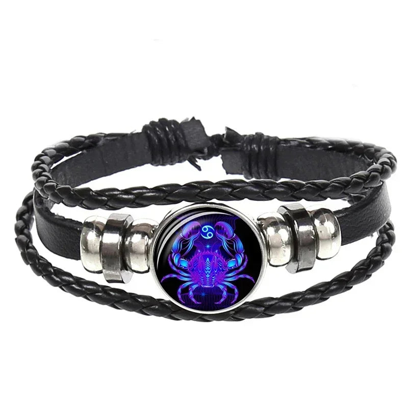 12 Constellation Zodiac Sign Black Braided Leather Bracelet Cancer Leo Virgo Libra Woven Glass Dome Jewelry Punk Men Bracelet