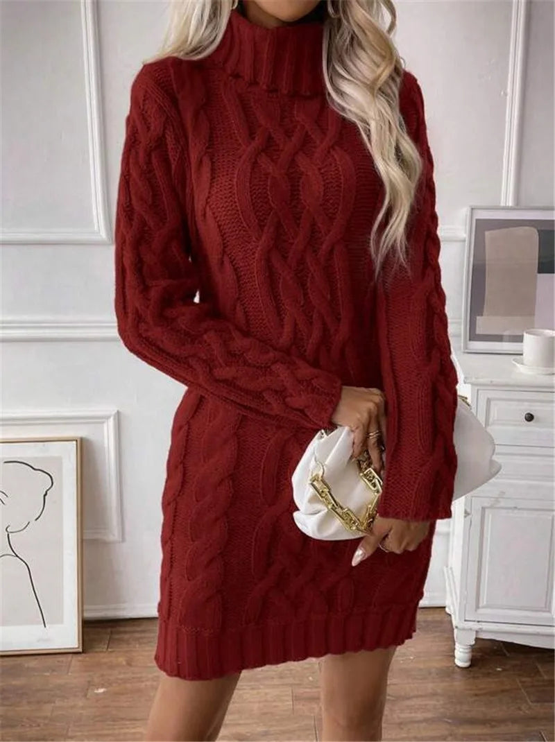Women's Sweater Dress Autumn Winter New Slim Knit Dress Turtleneck Cable Pattern Long Sleeve Knitted Gown Dress