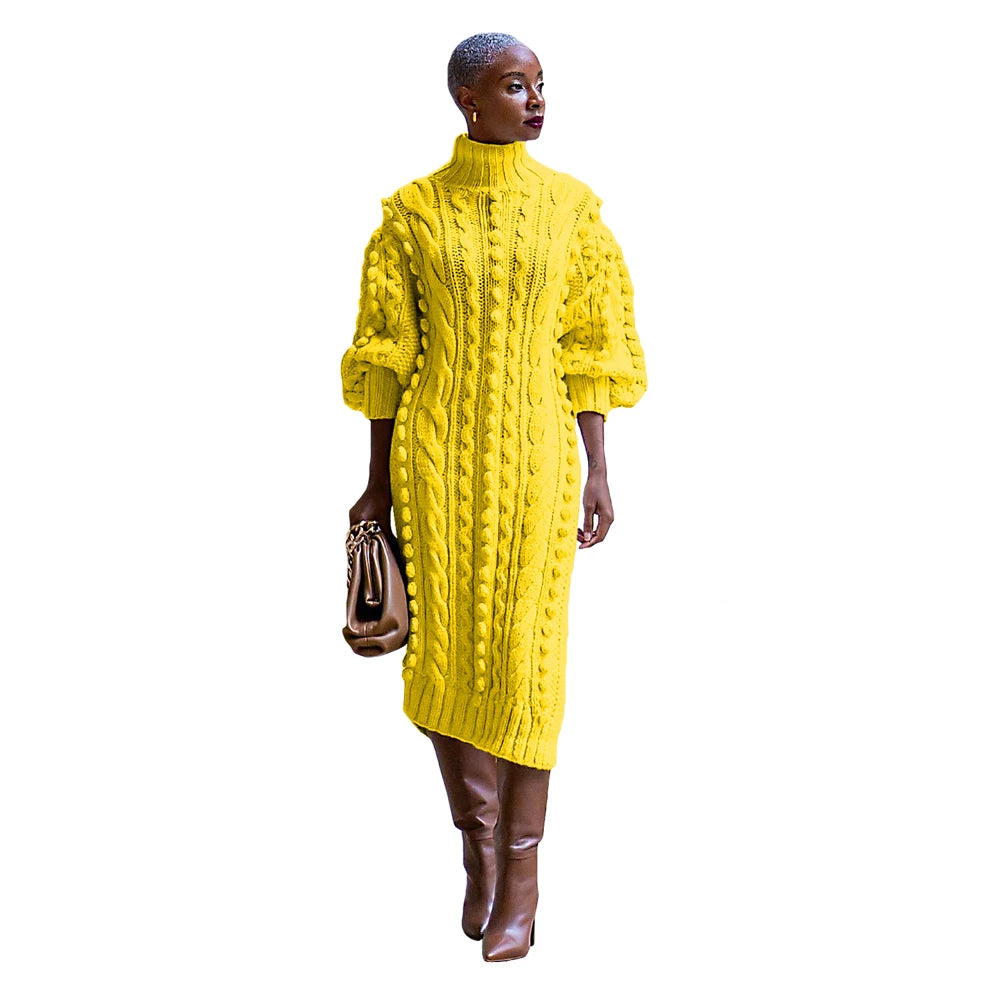 Womens Knitted Dresses High Neck Long Sleeve Sweater Dress with Split Ladies Vintage Knit Midi Dress Casual Fashion Winter