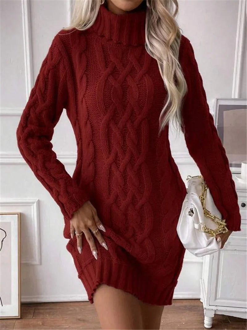 Women's Sweater Dress Autumn Winter New Slim Knit Dress Turtleneck Cable Pattern Long Sleeve Knitted Gown Dress