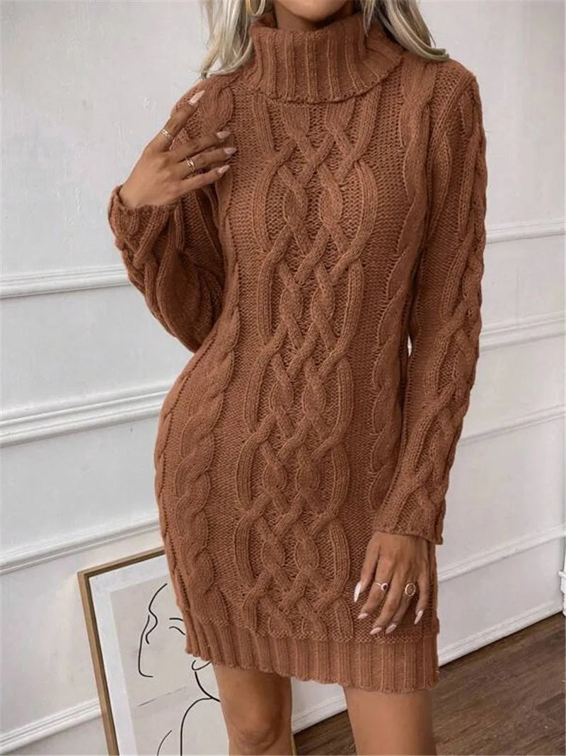 Women's Sweater Dress Autumn Winter New Slim Knit Dress Turtleneck Cable Pattern Long Sleeve Knitted Gown Dress